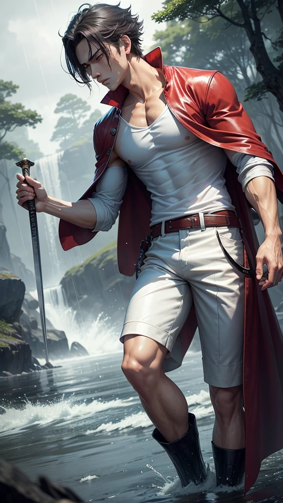 a dashing male anime character with a thin, handsome face, charismatic "shanks" in the "one pice" series wearing a white shirt, short trousers, three scars on the left eye and holding a pirate katana, and a black robe, hair red, gray shorts reaching to the knees, with HD resolution, 4k anime with a forest and water background, falling rain. wet.