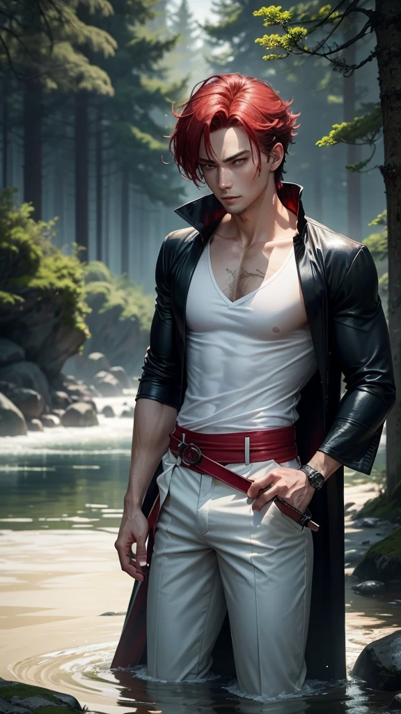 a dashing male anime character with a thin, handsome face, charismatic "shanks" in the "one pice" series wearing a white shirt, short trousers, three scars on the left eye and holding a pirate katana, and a black robe, hair red, gray shorts reaching to the knees, with HD resolution, 4k anime with a forest and water background, falling rain. wet.