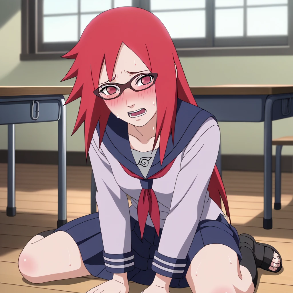 Red hair, 1 Girl, Glasses, Long hair, Red Eyes, Solitary, Sailor Suit,Umbilical cord, Looking at the audience,No students, Japanese cartoons screencap, Japanese cartoons coloring,src_Japanese cartoons,Naruto \(series\), Naruto shippuuden,((blush,nervous,Vision,living room,Sitting on the floor,))masterpiece, absurd , (Intricate details), (Colorful), light, Extremely detailed CG unity 8k wallpaper ,1 Girl, solo,(shy,classroom,night,blush,nervous,Sweating,蕾丝dress, ),sweat,blush,blush1.5,Blush,Medium chest,((dress,Black stockings,)),(dress,Uncomfortable expression,Mouth open,spit)