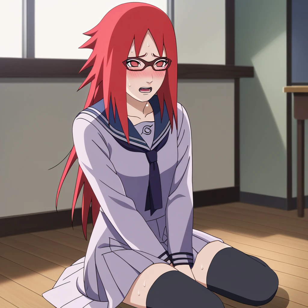 Red hair, 1 Girl, Glasses, Long hair, Red Eyes, Solitary, Sailor Suit,Umbilical cord, Looking at the audience,No students, Japanese cartoons screencap, Japanese cartoons coloring,src_Japanese cartoons,Naruto \(series\), Naruto shippuuden,((blush,nervous,Vision,living room,Sitting on the floor,))masterpiece, absurd , (Intricate details), (Colorful), light, Extremely detailed CG unity 8k wallpaper ,1 Girl, solo,(shy,classroom,night,blush,nervous,Sweating,蕾丝dress, ),sweat,blush,blush1.5,Blush,Medium chest,((dress,Black stockings,)),(dress,Uncomfortable expression,Mouth open,spit)