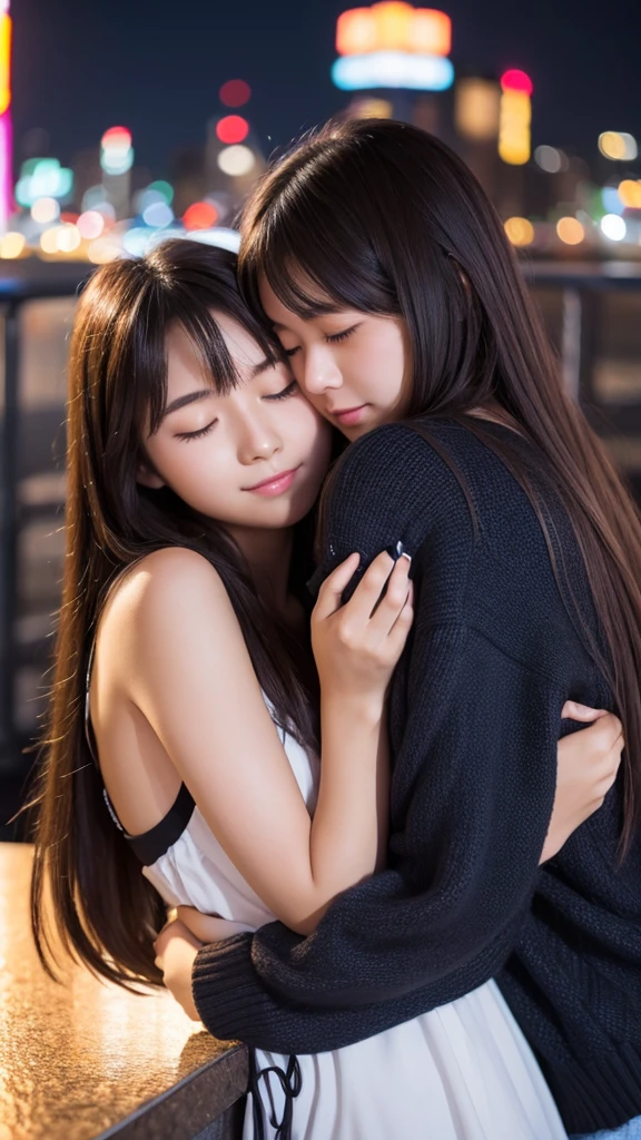 Best quality, high resolution, two girls, heads together, hug, eyes closed, 20 years old, Japanese, beautiful, pretty face, cute face, night cityscape