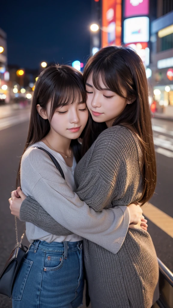 Best quality, high resolution, two girls, heads together, hug, eyes closed, 20 years old, Japanese, beautiful, pretty face, cute face, night cityscape