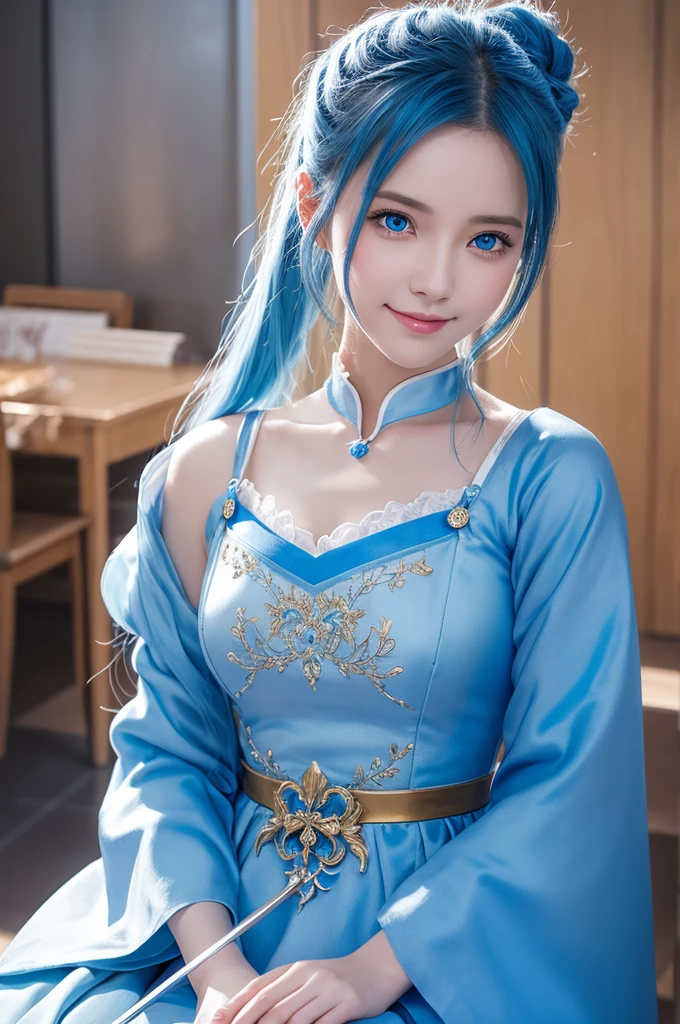 8k,Close-up of a woman in a blue and white dress、Draw your sword,Shiny blue hair, Super Beauty,(Like the real thing)blue eyes,An innocent smile.ponytail,Chengwei Pan at Art Station、 By Yang Jo、 Detailed fantasy art、Amazing character art、 Fan Art Best Art Station、 Gorgeous and detailed character art、 Beautiful Armor、Highly detailed art gems、 Detailed digital animation art、 Art Station pixiv&#39;s artgerm、 Girl in armor,Dynamic Angle,Ultra-high resolution,Laugh out loud,Realistic Skin,attractive,Sexy,Active,Rich colors, Backlight, Cinema Lighting, Film Grain, 50mm lens, Nikon D850,Ultra-high resolution,Ultra-realistic,compensate,Super sexy,Big eyes,Beautiful breasts,Dynamic pose,Smiling with teeth showing,(micro bikini 1.7) ,(((busty breasts 1.9)))、Seductive pose、(from below:1.3)、upper body、Blonde Long Hair、Ariel、Selfie、(from above:1.2)