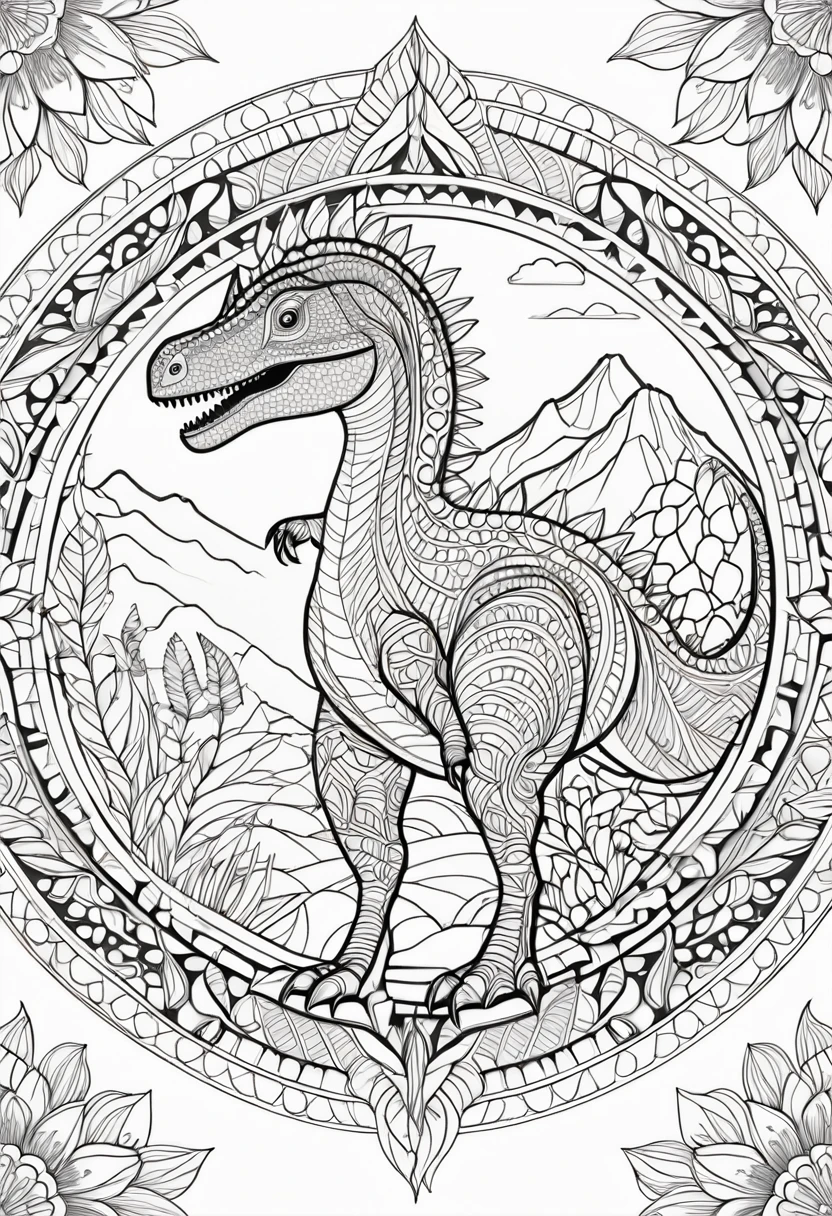 A striking black and white line art coloring page designed for adults with white background, featuring a majestic dinosaur in a mandala-inspired style. The dinosaur is adorned with intricate patterns that include floral and geometric designs, making it an engaging and detailed work of art. The illustration focuses on crisp, clean lines and bold outlines, without any shading or color, allowing the user to bring their own vibrancy to the piece. The minimalistic design, with its thick lines and absence of background details, creates a soothing coloring experience for adults seeking calming and creative activities. illustration