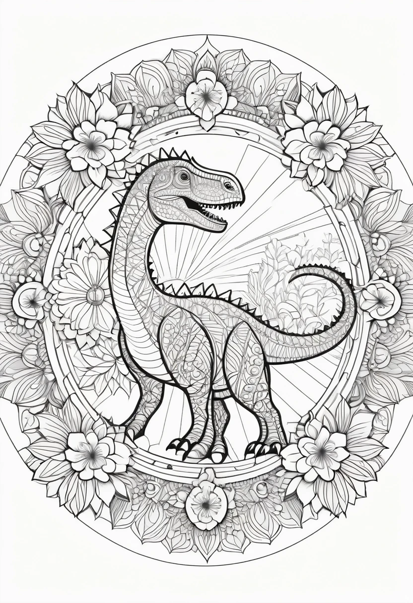 A striking black and white line art coloring page designed for adults with white background, featuring a majestic dinosaur in a mandala-inspired style. The dinosaur is adorned with intricate patterns that include floral and geometric designs, making it an engaging and detailed work of art. The illustration focuses on crisp, clean lines and bold outlines, without any shading or color, allowing the user to bring their own vibrancy to the piece. The minimalistic design, with its thick lines and absence of background details, creates a soothing coloring experience for adults seeking calming and creative activities. illustration