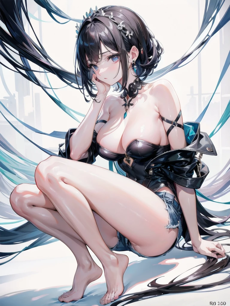 absurdres, RAW photo, extremely delicate and beautiful, masterpiece, Best Quality, ultra high resolution, 32k, hyperrealistic, ultra-detailed, perfect figure, Perfect Style, Perfect balance, in her 20s, very small head, very small face, delicate facial features, tearful mole, earring, (very huge ), bare legs, full body shot, medium hair, black hair, bare shoulder, shorts,