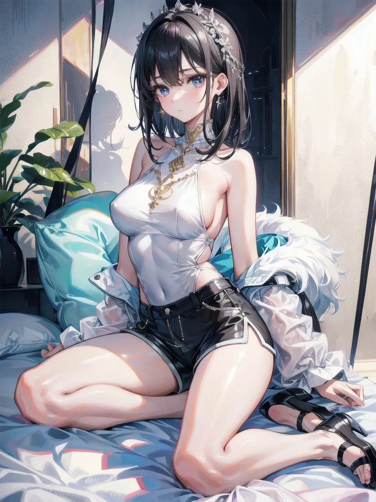 absurdres, RAW photo, extremely delicate and beautiful, masterpiece, Best Quality, ultra high resolution, 32k, hyperrealistic, ultra-detailed, perfect figure, Perfect Style, Perfect balance, in her 20s, very small head, very small face, delicate facial features, tearful mole, earring, (very huge breasts), bare legs, full body shot, medium hair, black hair, bare shoulder, shorts,