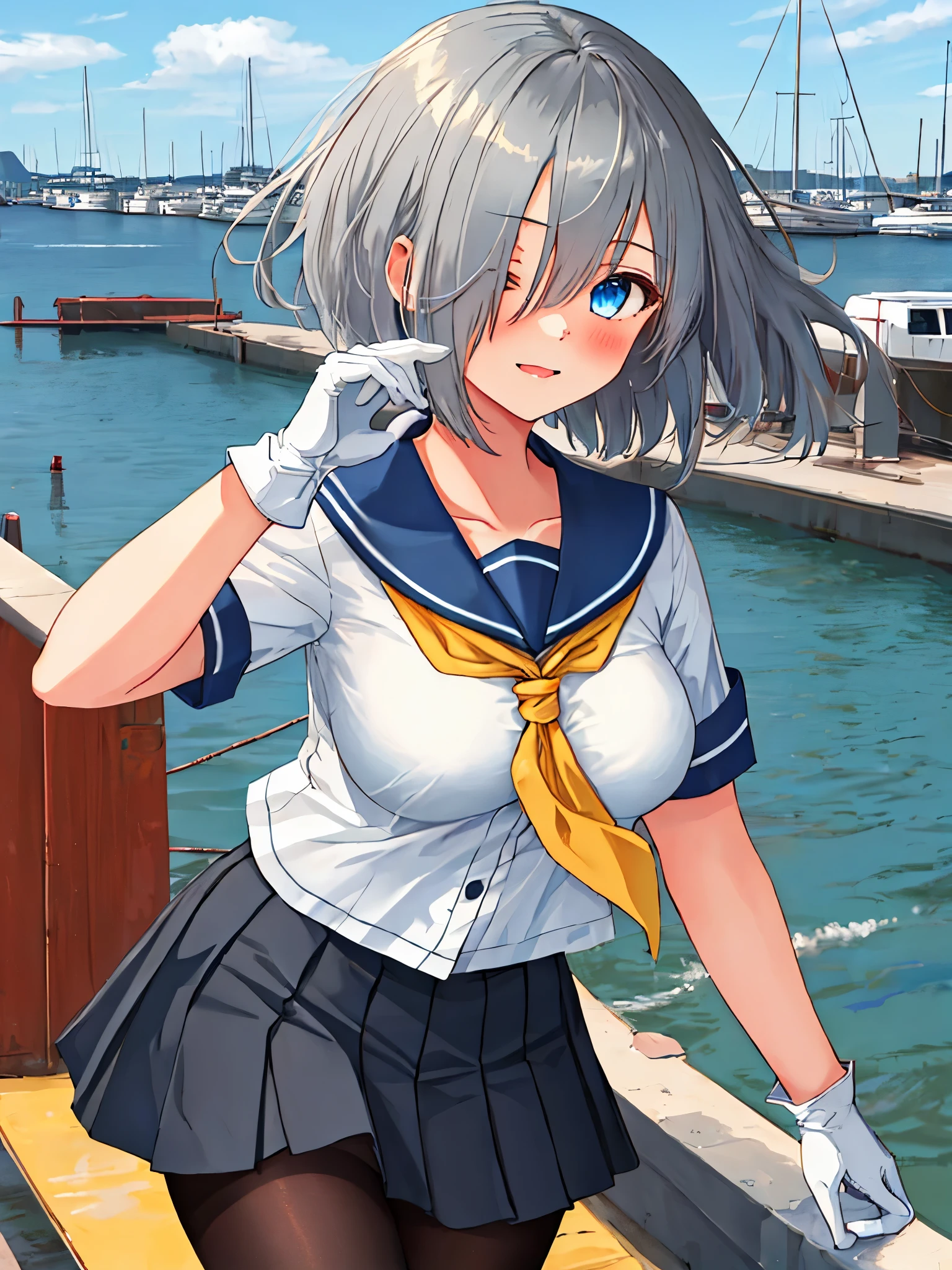 best quality, masterpiece, highres, solo, {hamakaze_kantaicollection:0.90}, 1girl, ,younger_,black_pantyhose, pleated_skirt, serafuku, short_sleeves, simple_background, white_background, yellow_neckerchief, white_gloves, looking_at_viewer, grey_skirt, blush, eyes_visible_through_hair, blue_sailor_collar, dynamic_posing,long_bangs,hair_over_one_eye,harbor_school_background,outdoor,large_breasts,happy,