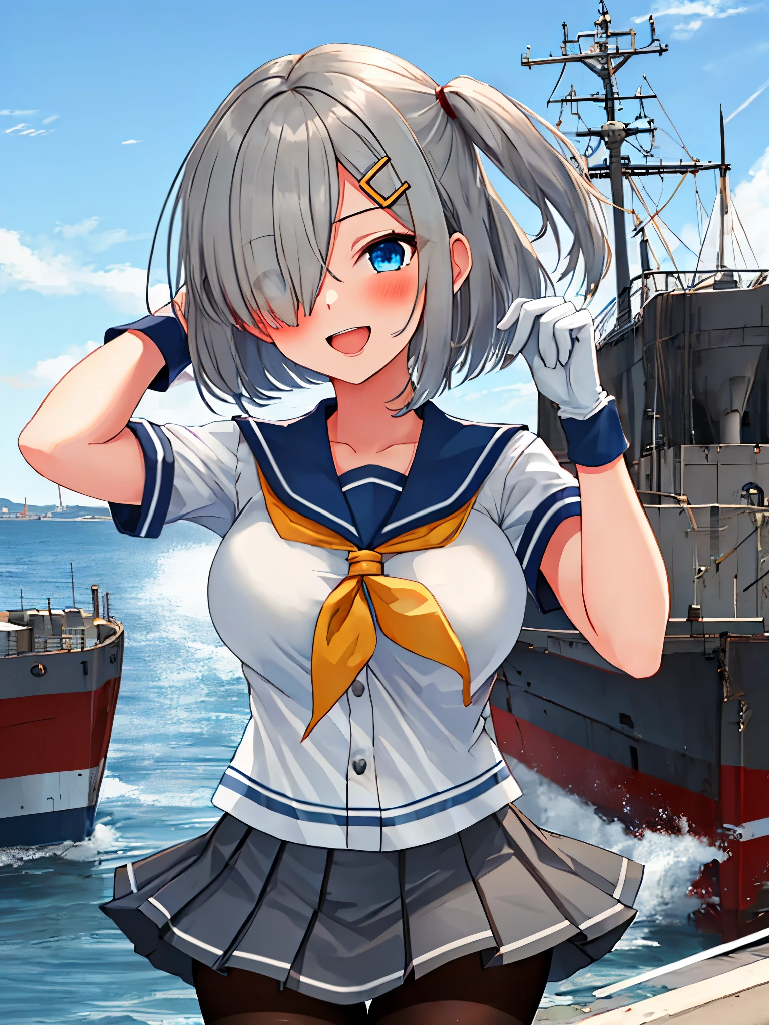 best quality, masterpiece, highres, solo, {hamakaze_kantaicollection:0.90}, 1girl, ,younger_teen,black_pantyhose, pleated_skirt, serafuku, short_sleeves, simple_background, white_background, yellow_neckerchief, white_gloves, looking_at_viewer, grey_skirt, blush, eyes_visible_through_hair, blue_sailor_collar, dynamic_posing,long_bangs,hair_over_one_eye,harbor_school_background,outdoor,large_breasts,happy,