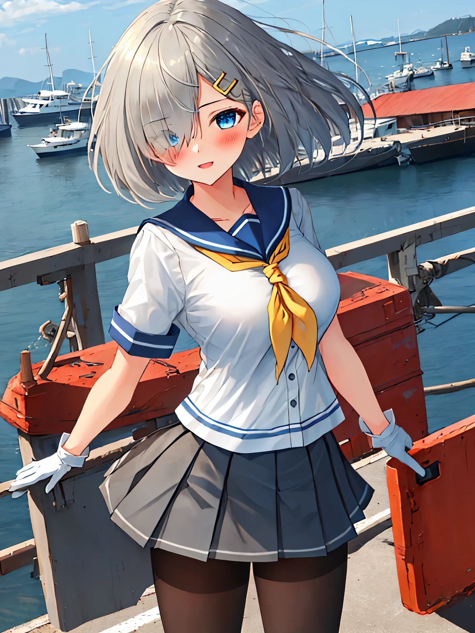 best quality, masterpiece, highres, solo, {hamakaze_kantaicollection:0.90}, 1girl, ,younger_teen,black_pantyhose, pleated_skirt, serafuku, short_sleeves, simple_background, white_background, yellow_neckerchief, white_gloves, looking_at_viewer, grey_skirt, blush, eyes_visible_through_hair, blue_sailor_collar, dynamic_posing,long_bangs,hair_over_one_eye,harbor_school_background,outdoor,large_breasts,happy,