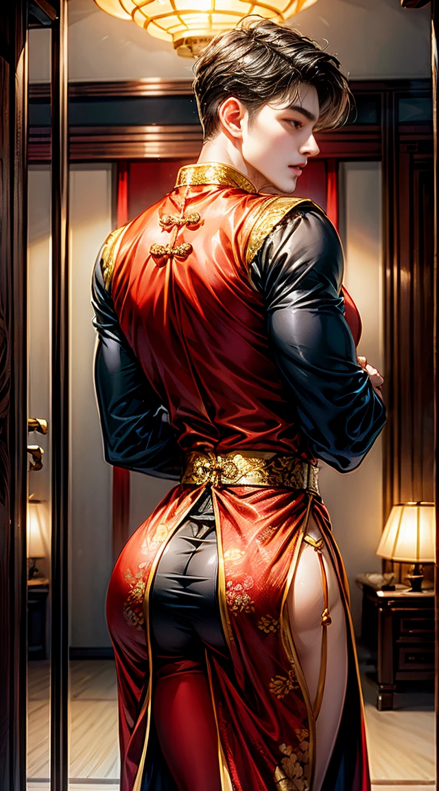 big butt, (show off his big butt) , male, wear sexy traditionnal Chinese dress, nake butt, , short black hair