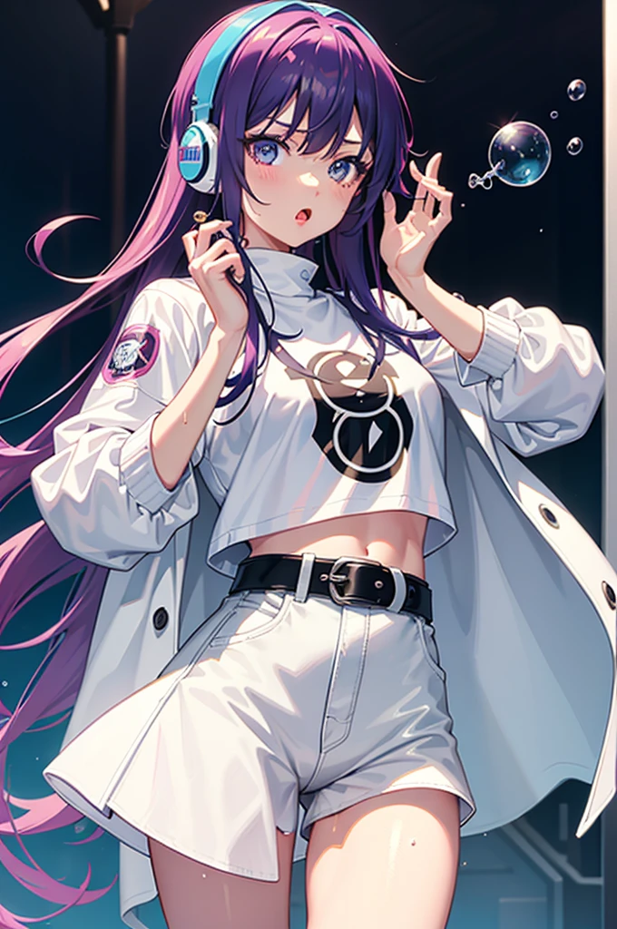 arcade girl, wet hot pants, wet no sleeve white t-shirt, black leather coat, cape, colourful hair, blowing bubble gum, no underwear, showing off, holy tattoo, earphone