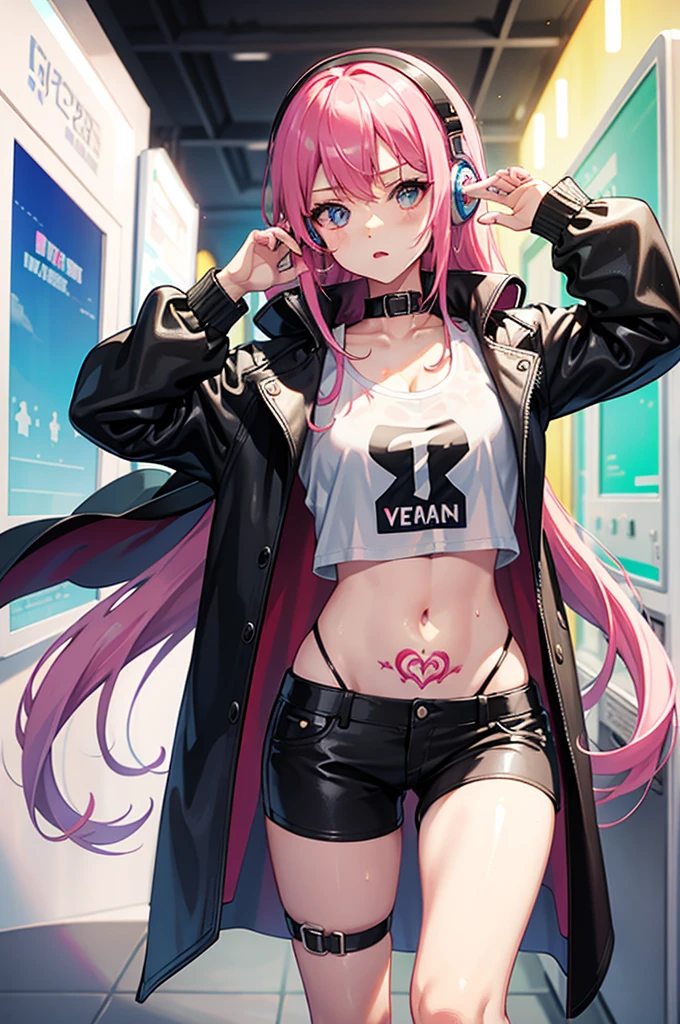 arcade girl, wet hot pants, wet no sleeve white t-shirt, black leather coat, cape, colourful hair, blowing bubble gum, no underwear, showing off, holy tattoo, earphone