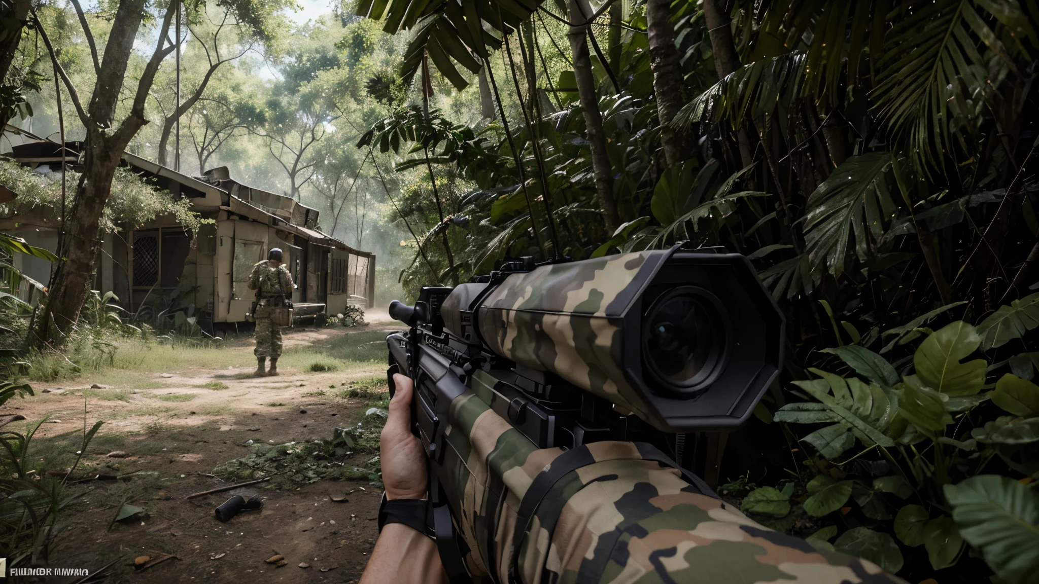 Create a photorealistic image of soldiers in camouflage uniforms in a dense jungle, from a first-person shooter perspective. The scene should be in 4K HDR quality, with detailed and high-resolution imagery. The soldiers should be holding guns, and include action elements like a firefight and muzzle flash.