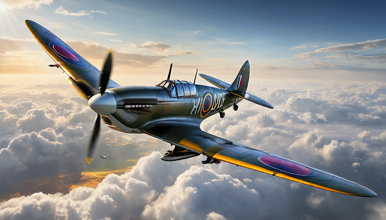 Create imaginative and amazing images demonstrating the style of a picture of a Spitfire plane, flying in the sky, cloudy skies background, an epic a Spitfire plane (best details, Masterpiece, best quality :1.5) birds view, sun rays, divine rays, sun rays reflecting on the clouds, sense of awe, majestic atmosphere, ultra best realistic, best details, best quality, 16k, [ultra detailed], masterpiece, best quality, (extremely detailed), ultra wide shot, photorealism, depth of field, hyper realistic painting, Waiting to start), hyper realistic, 8k, vibrant colors, sharp crisp image