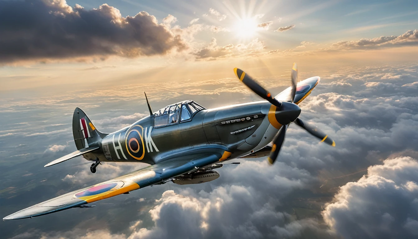 Create imaginative and amazing images demonstrating the style of a picture of a Spitfire plane, flying in the sky, cloudy skies background, an epic a Spitfire plane (best details, Masterpiece, best quality :1.5) birds view, sun rays, divine rays, sun rays reflecting on the clouds, sense of awe, majestic atmosphere, ultra best realistic, best details, best quality, 16k, [ultra detailed], masterpiece, best quality, (extremely detailed), ultra wide shot, photorealism, depth of field, hyper realistic painting, Waiting to start), hyper realistic, 8k, vibrant colors, sharp crisp image