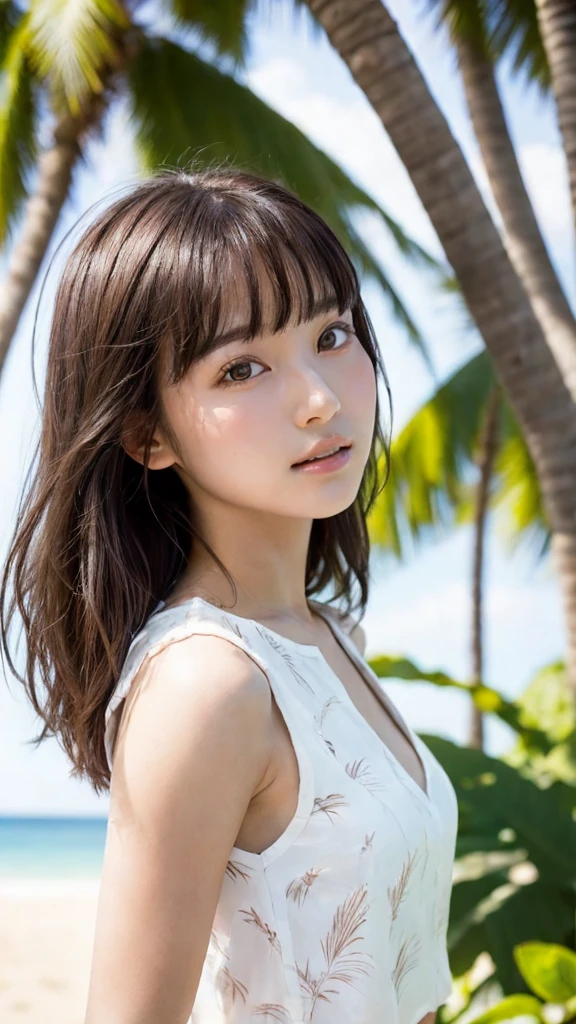 (masterpiece, Highest quality:1.3), (Super detailed:1.2),beautiful girl, young woman, Straight, shoulder-length, dark brown hair, Light bangs, フレンドリーでnatureな笑顔, Clear, glowing skin, Almond-shaped eyes, Expressive, White blouse, Abstract black pattern, The background is soft pink, Soft lighting, natureでリアルな見た目,whole body,From the bottom of the camera angle,mini skirt,Beach, Palm Tree, blue sky, White cloud, Ocean, Sandy Beach, Refreshing feeling, sunlight, tropical, nature, 風に揺れるPalm Tree