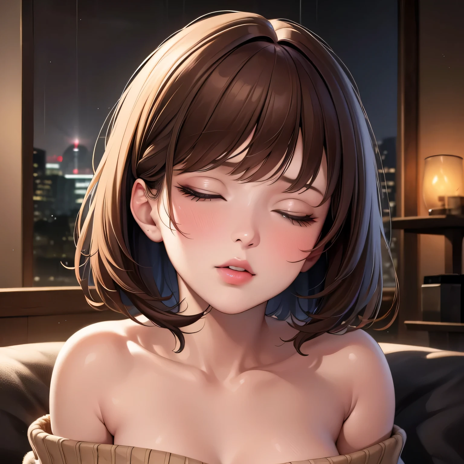 (best quality,4k,8k,highres,masterpiece:1.2),ultra-detailed,(realistic,photorealistic,photo-realistic:1.37),amazing portrait,sexy,cute woman,best friend's sister,alone at home,late night gaming session,brown hair,short bob style soft eyes,parted lips,deep blush,off shoulder,oversized grey sweater,sitting on couch,night time,raining outside,warm inside