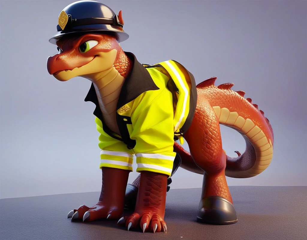 Create a 3D render of a cute and playful Zodiac Dragon couple dressed as firefighters. The male dragon should have expressive eyes, a confident smile, and a strong, heroic presence. His scales should be vibrant and detailed, with a mix of red and gold hues. He is dressed in a firefighter uniform, complete with a helmet, jacket, and boots. The female dragon should also have expressive eyes, a determined smile, and a courageous demeanor. Her scales are equally vibrant, with a blend of blue and silver tones. She is dressed in a matching firefighter uniform, including a helmet, jacket, and boots. Both dragons are standing in front of a fire truck, surrounded by elements such as hoses, ladders, and firefighting equipment. The background should capture the professional and heroic atmosphere, highlighting the dragons' roles as brave and dedicated firefighters.