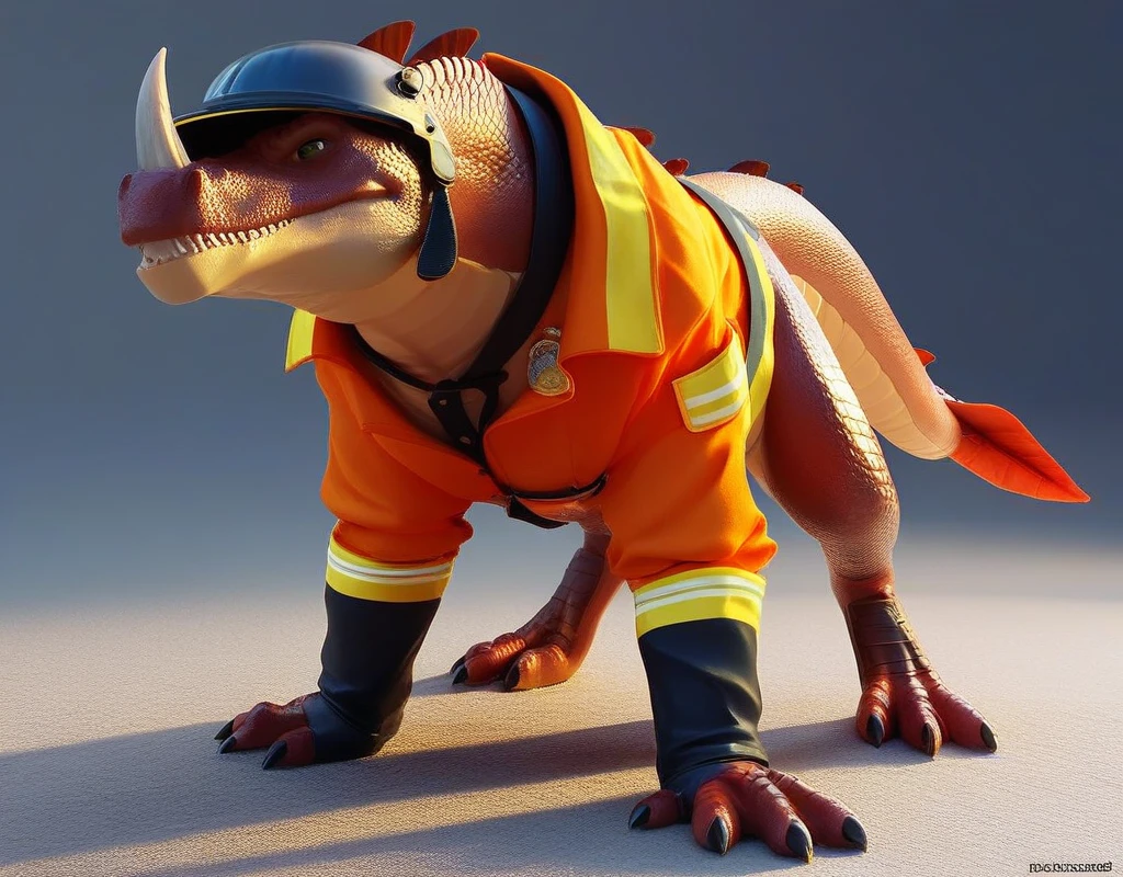 Create a 3D render of a cute and playful Zodiac Dragon couple dressed as firefighters. The male dragon should have expressive eyes, a confident smile, and a strong, heroic presence. His scales should be vibrant and detailed, with a mix of red and gold hues. He is dressed in a firefighter uniform, complete with a helmet, jacket, and boots. The female dragon should also have expressive eyes, a determined smile, and a courageous demeanor. Her scales are equally vibrant, with a blend of blue and silver tones. She is dressed in a matching firefighter uniform, including a helmet, jacket, and boots. Both dragons are standing in front of a fire truck, surrounded by elements such as hoses, ladders, and firefighting equipment. The background should capture the professional and heroic atmosphere, highlighting the dragons' roles as brave and dedicated firefighters.
