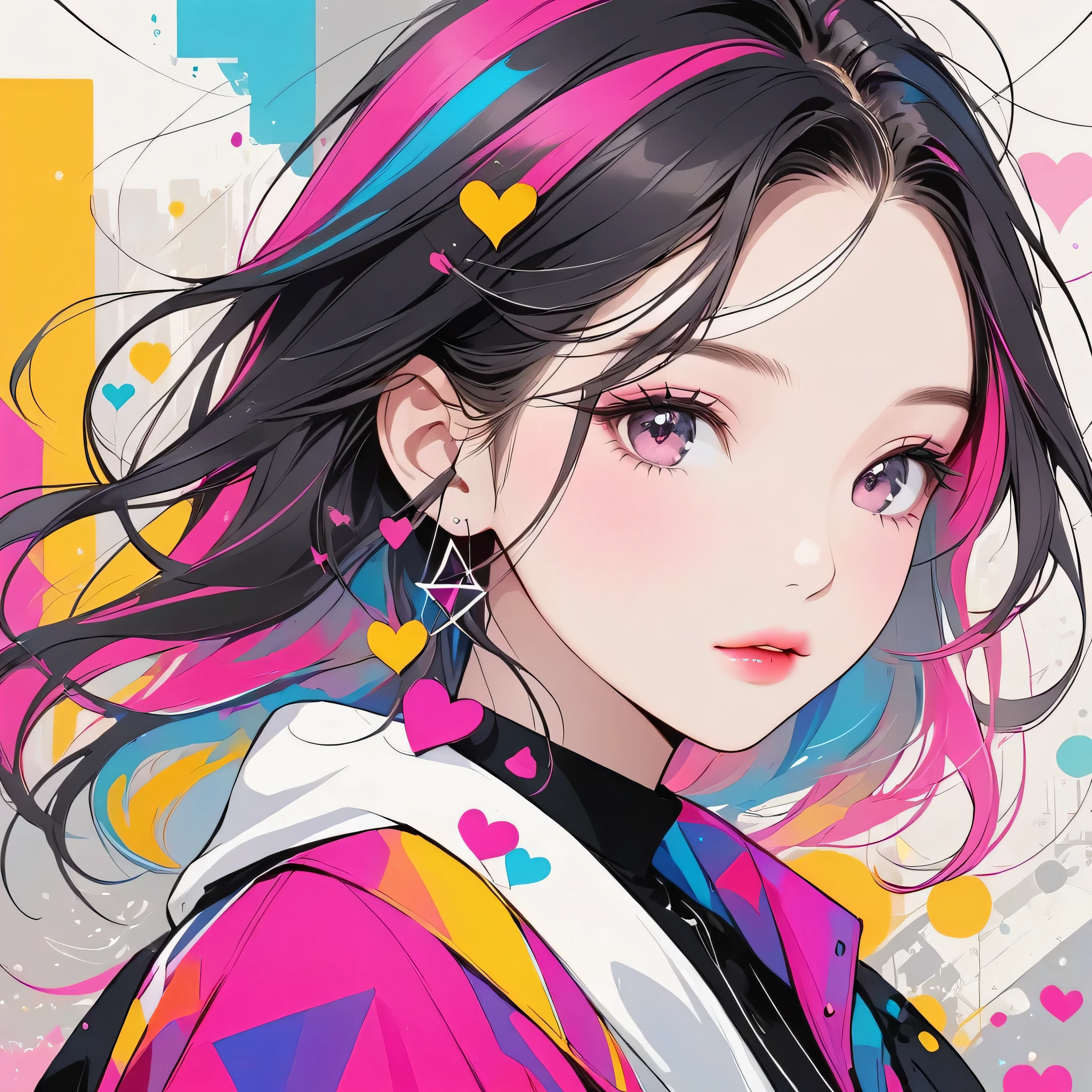 Black Star Pink and White style, Simple Line Initialism,Abstract art,Urban Background, (((The most beautiful girl of all time))), Sweet face. Lips in love, colorful hearts, stylish design