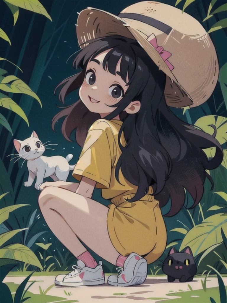 A stunning beauty cute little Javanese girl, her name is Sora, 5 years old. Beautiful silky black long hair, wearing a straw hat, beautiful black eyes, beautiful pink lips and smiling happily. She's wearing a yellow shirt, and a black jumpsuit with a white cat logo embroided. Also she's wearing white sneakers. Her hand is holding a kitten from the children park. A white cat at her behind. Very detailed anatomy, very detailed face, very detailed background, very detailed clothes, very detailed cat. Photorealistic HD image, very wide angle, top to toes, full body, A Masterpiece.