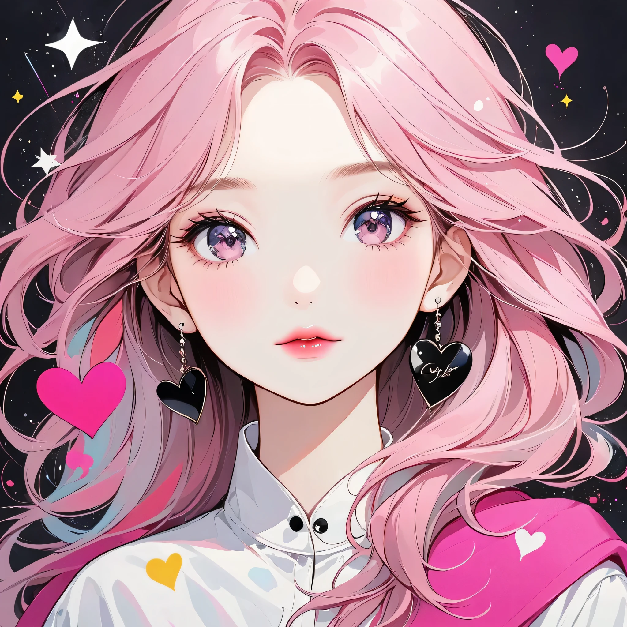 Black Star Pink and White style, Simple Line Initialism，Abstract art，Urban Background, (((The most beautiful girl of all time))), Sweet face. Lips in love, colorful hearts, stylish design