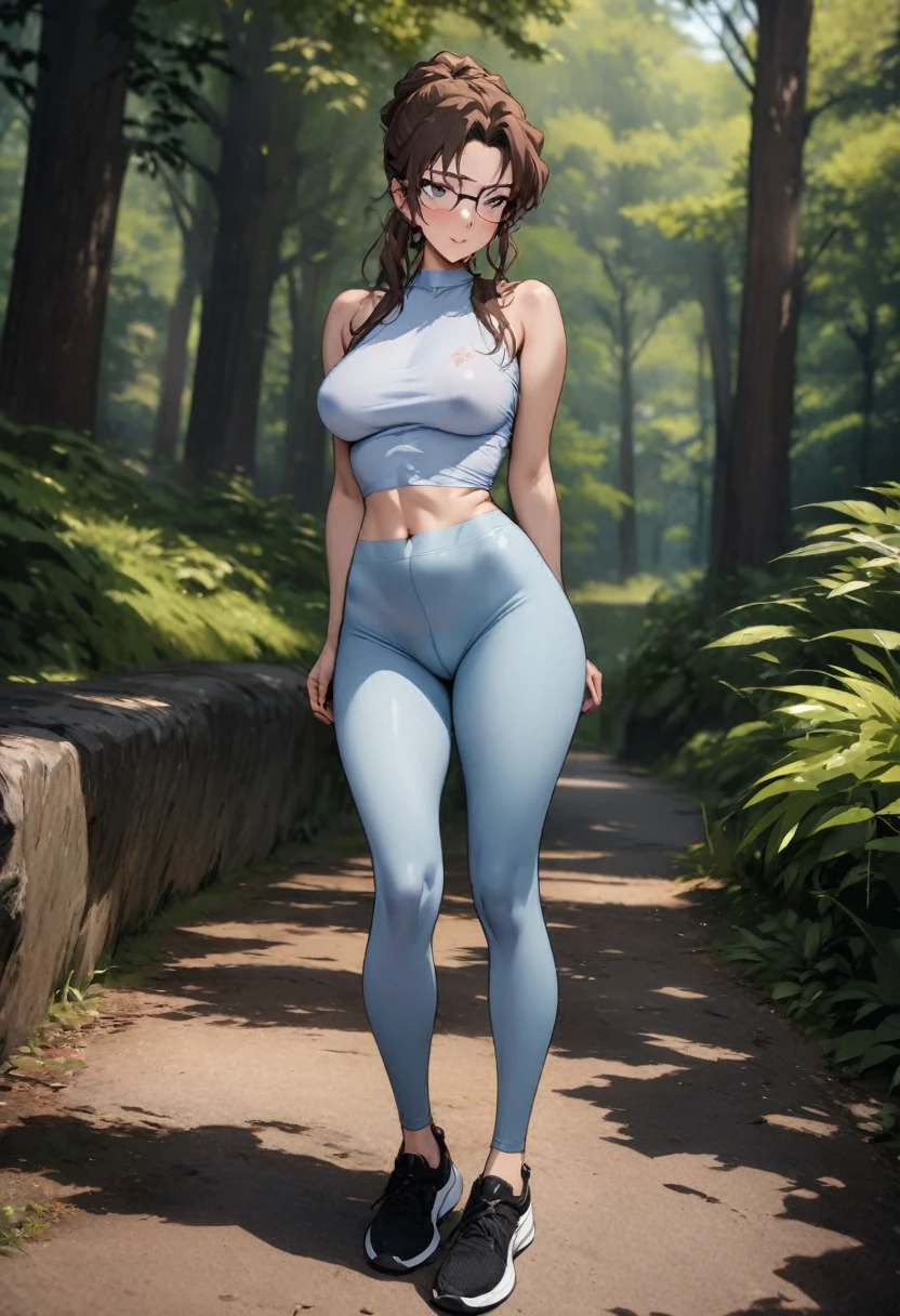 (Highest quality,High resolution,masterpiece:1.2),Outdoor,Light blue yoga pants,Beautiful woman,Modern,Natural scenery,Full Body Shot,Perfect figure,Forest Path,Brown Hair,Girl with glasses,A lustful look:1.1,nsfw:1.5