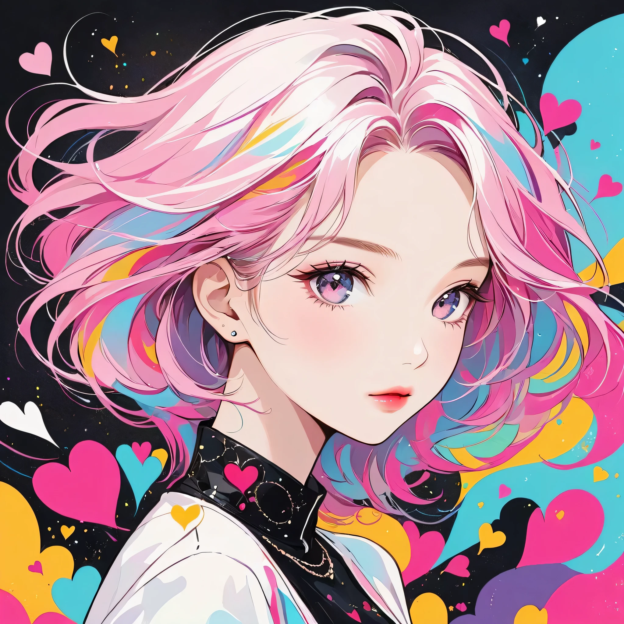 Black Star Pink and White style, Simple Line Initialism，Abstract art，Urban Background, (((The most beautiful girl of all time))), Sweet face. Lips in love, colorful hearts, stylish design