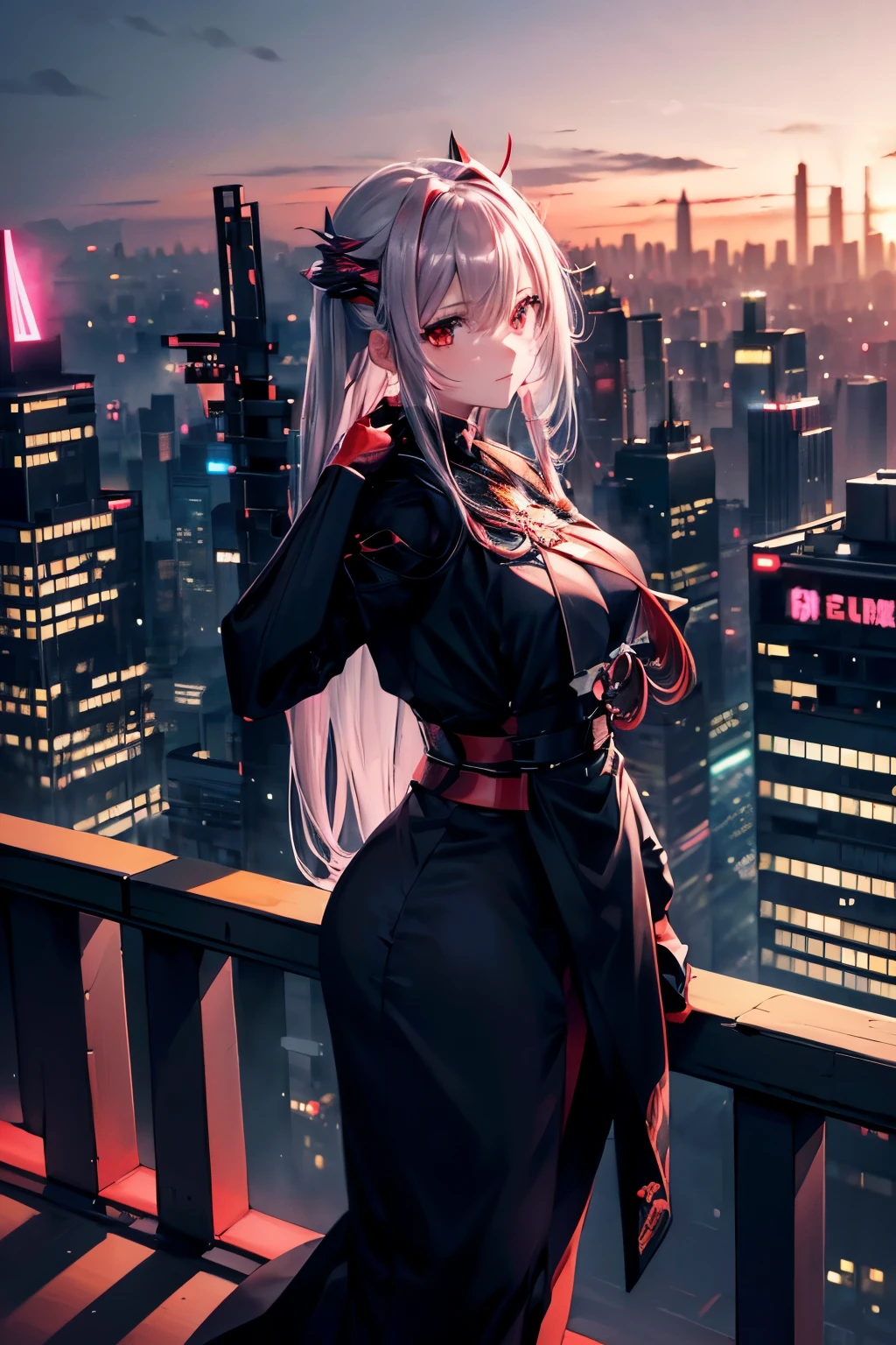 アニメ, (work of art, best qualityer, ultra detali, hight contrast), 1womanl (standing alone, whole body, corpo plus size, standing on the edge of the skyscraper, silver hair, LONG AND FLOWING HAIR, bright ruby red eyes, (kimono black, black cybernetics with neon pink), Transparent black socks), (skyscraper roof, overlooking a city, detailed back ground ((night time, darkness, low light pollution)))