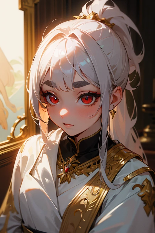 (Highest quality, masterpiece:1.2), High resolution, Very detailed, Realistic:1.37, Fantasy, An illustration, Hair is whiteいです、Red eyes、Queen, White Dress.Platinum decoration、beautifully、Eyeshadow Red、Thick eyebrows、Long eyelashes、pupils are black、Hair is whiteい、Kissing Face、(Embarrassing).loved、ponytail、(Hair is white).((Gold decoration)).
