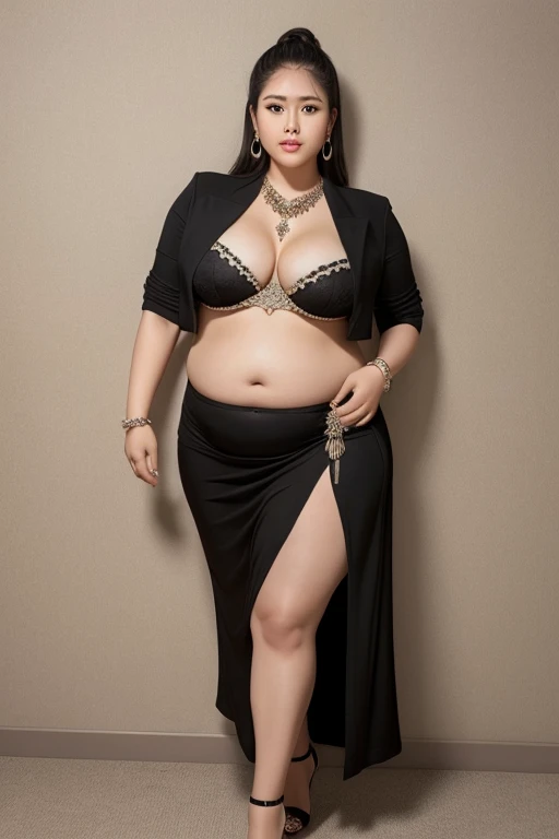 130kg, morbidly obese woman, abdominal obesity, fat belly, large belly, protruding belly, big belly, convex belly, abdominal exposure, exposed navel, mini skirt, high heel, earring, necklace, bracelet, Outer eyelid