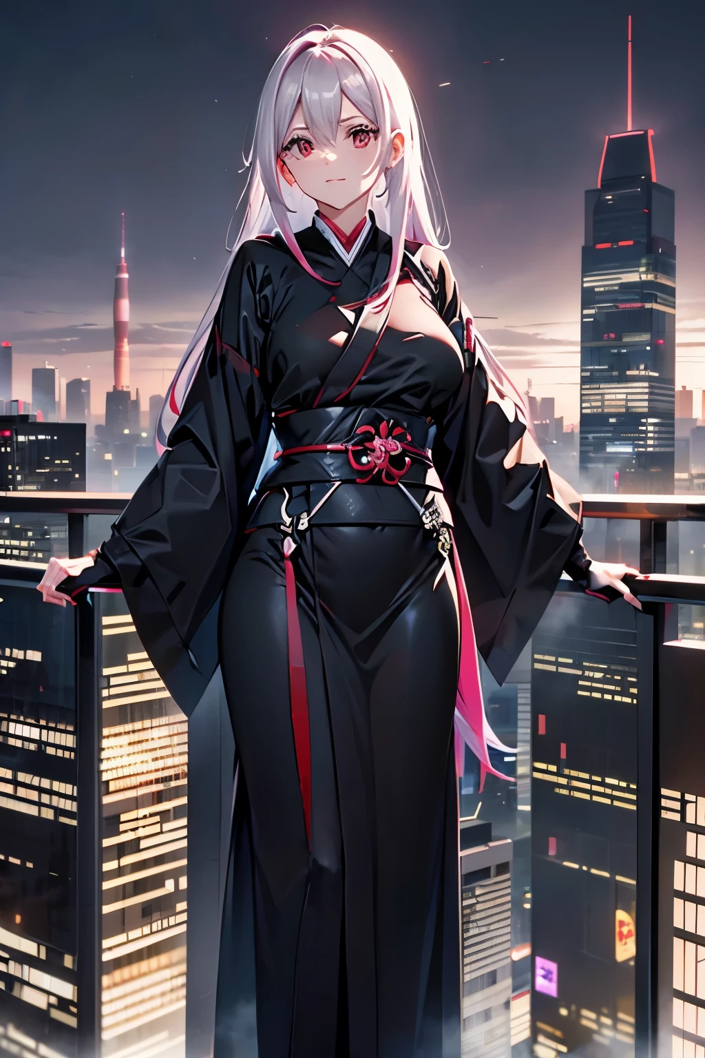 アニメ, (work of art, best qualityer, ultra detali, hight contrast), 1womanl (standing alone, whole body, corpo plus size, standing on the edge of the skyscraper, silver hair, LONG AND FLOWING HAIR, bright ruby red eyes, (kimono black, black cybernetics with neon pink), Transparent black socks), (skyscraper roof, overlooking a city, detailed back ground ((night time, darkness, low light pollution)))