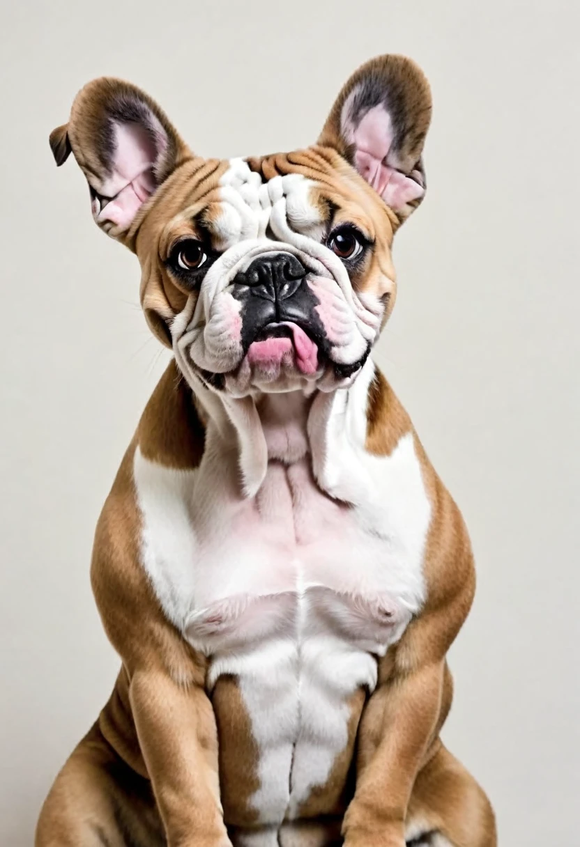 low quality, ((one bulldog)), upper body, center, front, arms crossed, Sticking your face out of the wall, background white, monoton