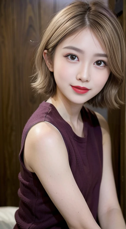 blush a little and smile, (Top quality masterpiece:1.2) Delicate illustrations, Very detailed, /Beautiful Japanese Women、1 person,Very cute and slim、Great style 、((8K images、super high quality))、Very delicate face, Skin and Hair、beautifule forehead、Red lipstick、(((((short hair、Blonde、lure))))),Very cute Japanese cut face、Eyes and nose are clearly visible、Kind eyes,((((Sleeveless fashion))))