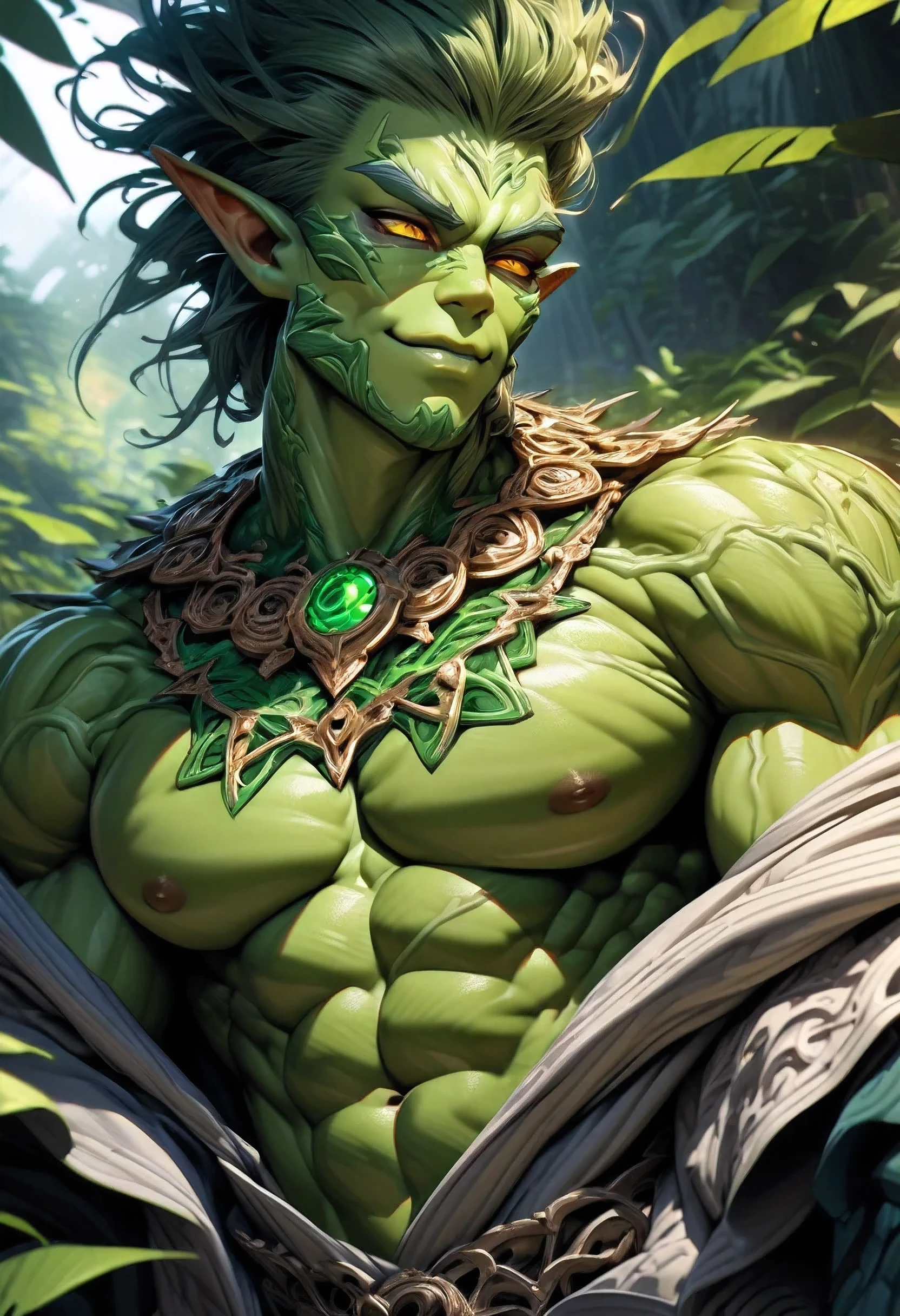 (((intricate design))) (((professional))) (((clear focus))) (((32k UHD Resolution))) (((photorealistic))) (((hyper-detail))) (((masterpiece))), ultra-realistic, expressive eyes, perfect face, mesmerising eyes, perfectly detailed anatomy, low contrast, (((Volumetric lighting))) (((cinematic lighting))) (((sunny))) (((1Male))) (((Bodybuilder))), (((muscular))), (((hyper pecs))) there is a sexy mature man with green paint on his body, slick shaved sides hairstyle, ((thighs)) bodily fluids, round butt, green coloured skin, gay, green skin! (((green coloured skin!!))), (((green skin))). (((green-skinned))), (((wearing an off the shoulder robes))) ((green skin with scales)), ((green skin)), windy, (((greenish skin))) plantation on the male body, fluorescent green skin, radiant orange eyes, windy, leaves falling (((a powerful nature deity))), elf ears, druid magic, a digital render, green gem necklace, hot reptile muscular humanoid man, scales, muscular green body. Glowing veins, nature spirit, (((in an untamed magical jungle))) on the grass sleeping in peace, eyes closed, smiling