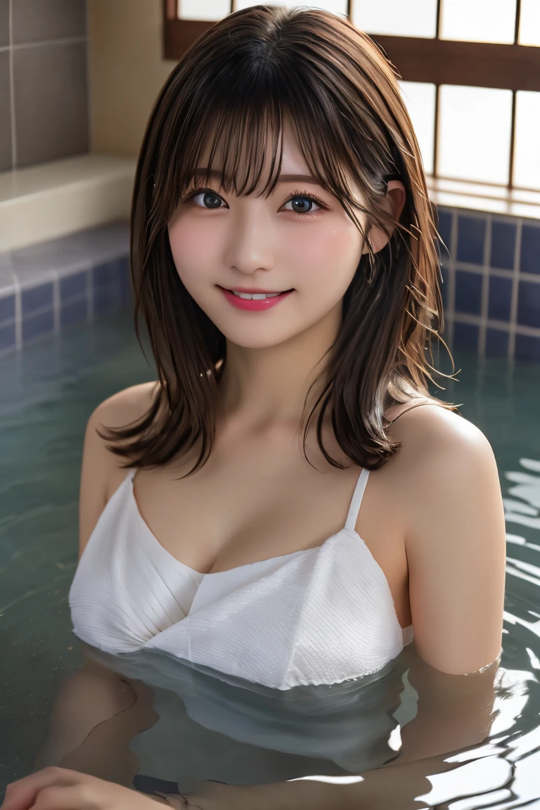 8K、Highest quality、(beautiful)、Precision Eyes、Brown Hair、looking at the camera、Upper Body、Soft Breasts、smile、Wrap a bath towel around your body、Soak in a hot spring