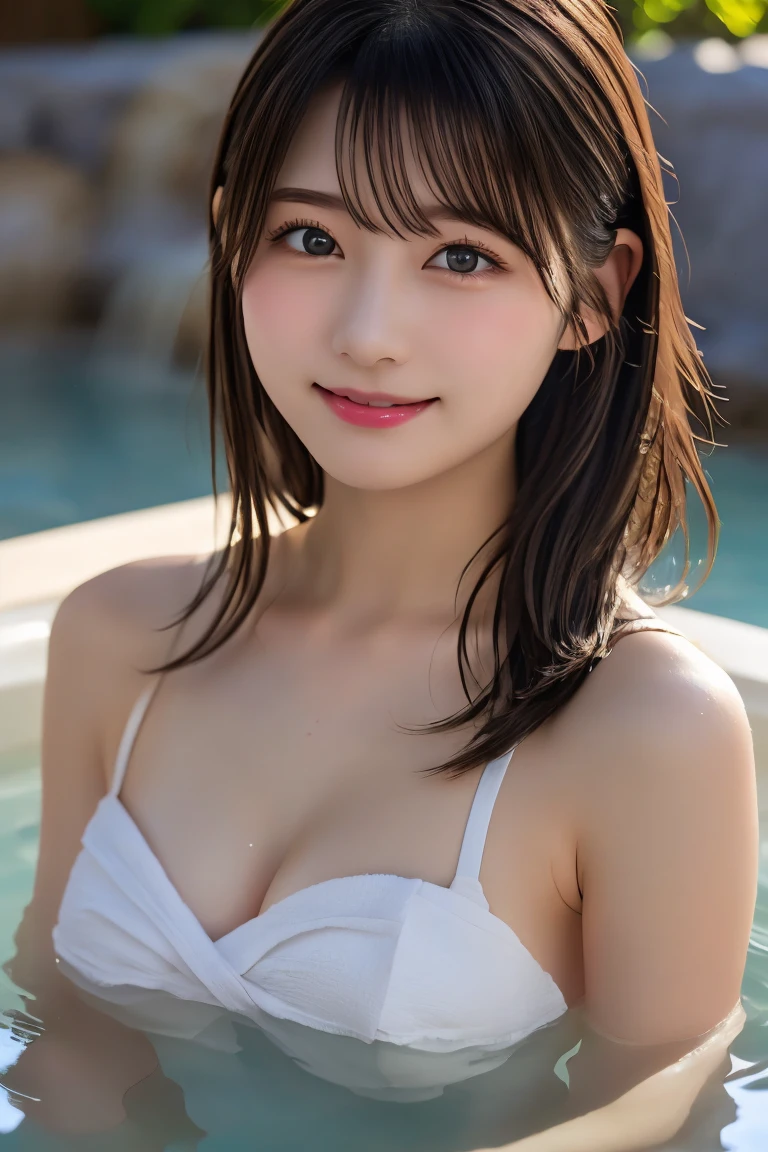 8K、Highest quality、（beautiful）、Precision Eyes、Brown Hair、looking at the camera、Upper Body、Soft Breasts、smile、Wrap a bath towel around your body、Soak in a hot spring