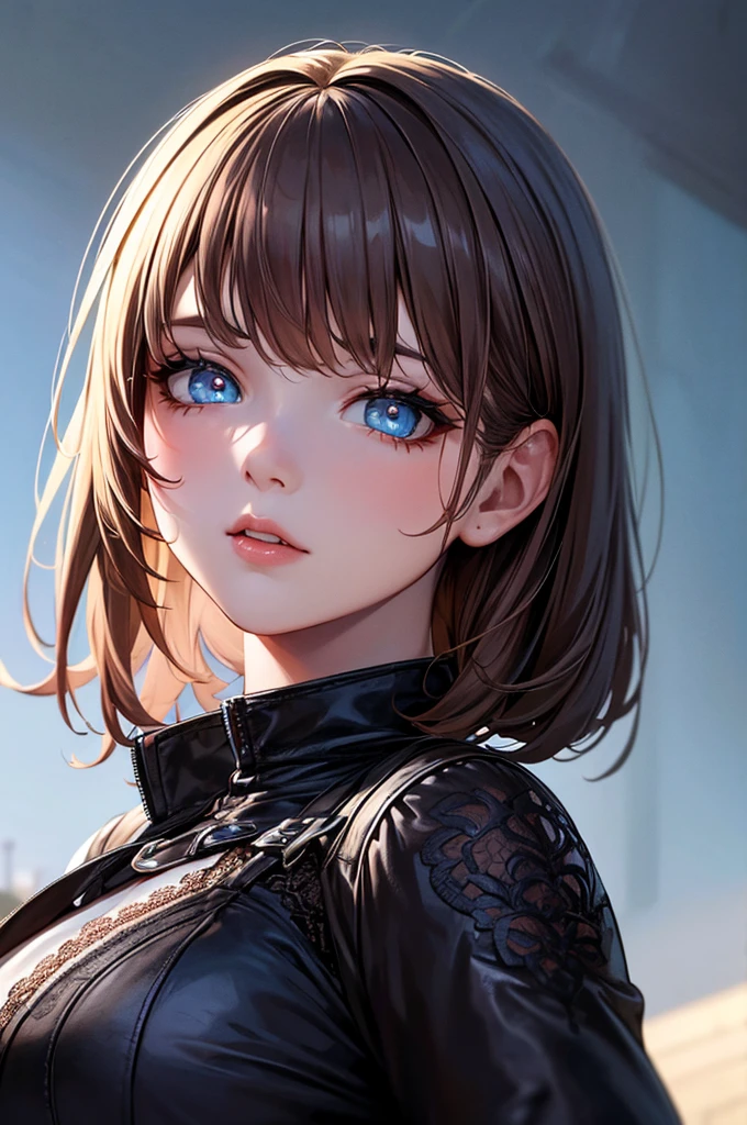 (Black rider jacket:1.1), (masterpiece, Highest quality, pretty girl, Beautiful Face, 8K,  Absurd:1.2),  Cowboy Shot, Dutch Angle, Face Light,  High resolution, Super detailed,  Light blue ruffle lace dress, Detailed skin, eyes and face, Sharp pupils, Sharp focus, street