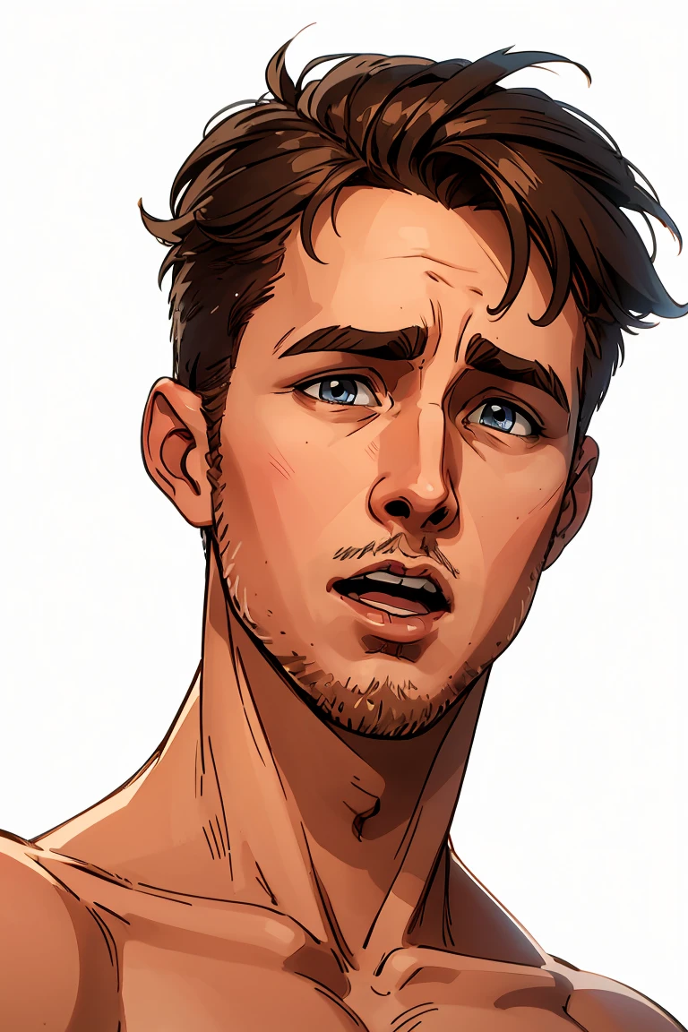 Ryan Gosling, 1male, 4k, highly detailed, slim, ((short hair)), (head picture), ((nude)), (plain white background, flat lighting), exaggerated surprised expression with wide open mouth