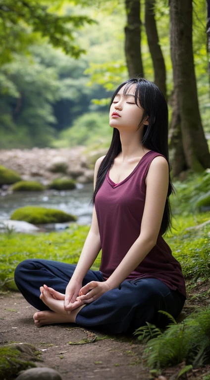 Mysterious beautiful woman meditating in nature。Black Hair