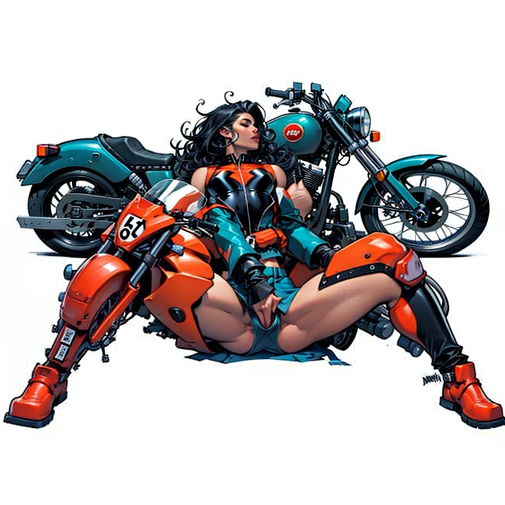 Black woman with big curly hair ,sitting on the floor with her legs open showing her vagina, and harley daivdson motorcycle in the background 