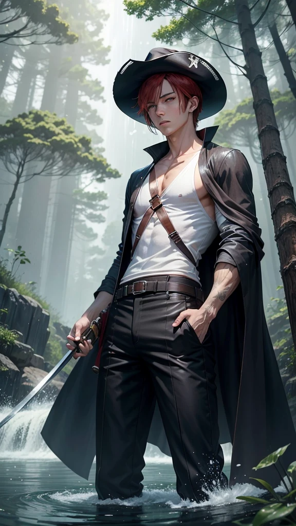 a dashing male anime character with a thin face, handsome, charismatic "shanks" in the "one pice" series wearing a white shirt, short trousers, straw hat. as well as three claw scars on the left eye, and holding a pirate katana, and black robes, red hair, gray shorts reaching down to his knees, with HD resolution, 4k anime with a forest and water background, falling rain. wet.