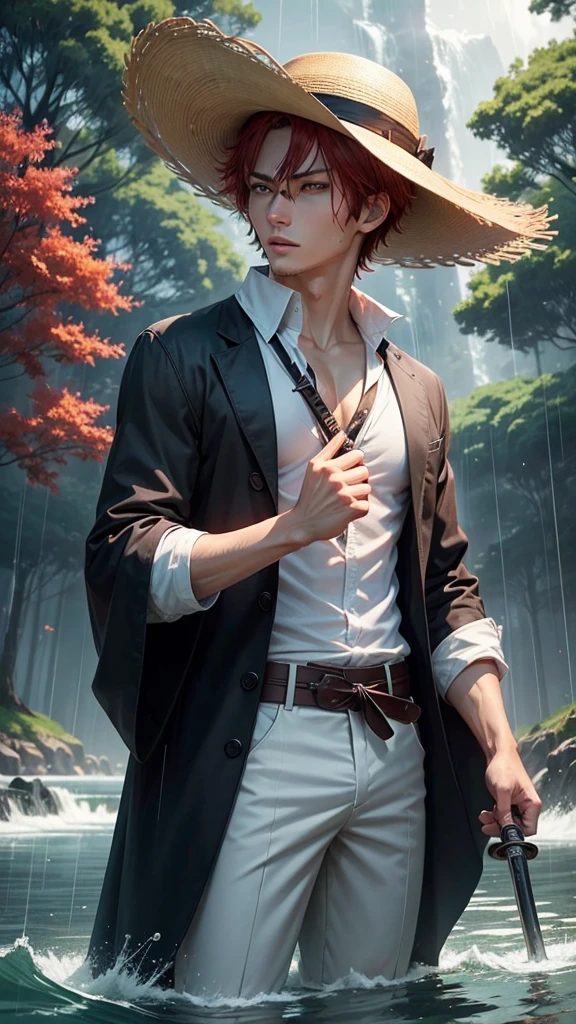 a dashing male anime character with a thin face, handsome, charismatic "shanks" in the "one pice" series wearing a white shirt, short trousers, straw hat. as well as three claw scars on the left eye, and holding a pirate katana, and black robes, red hair, gray shorts reaching down to his knees, with HD resolution, 4k anime with a forest and water background, falling rain. wet.