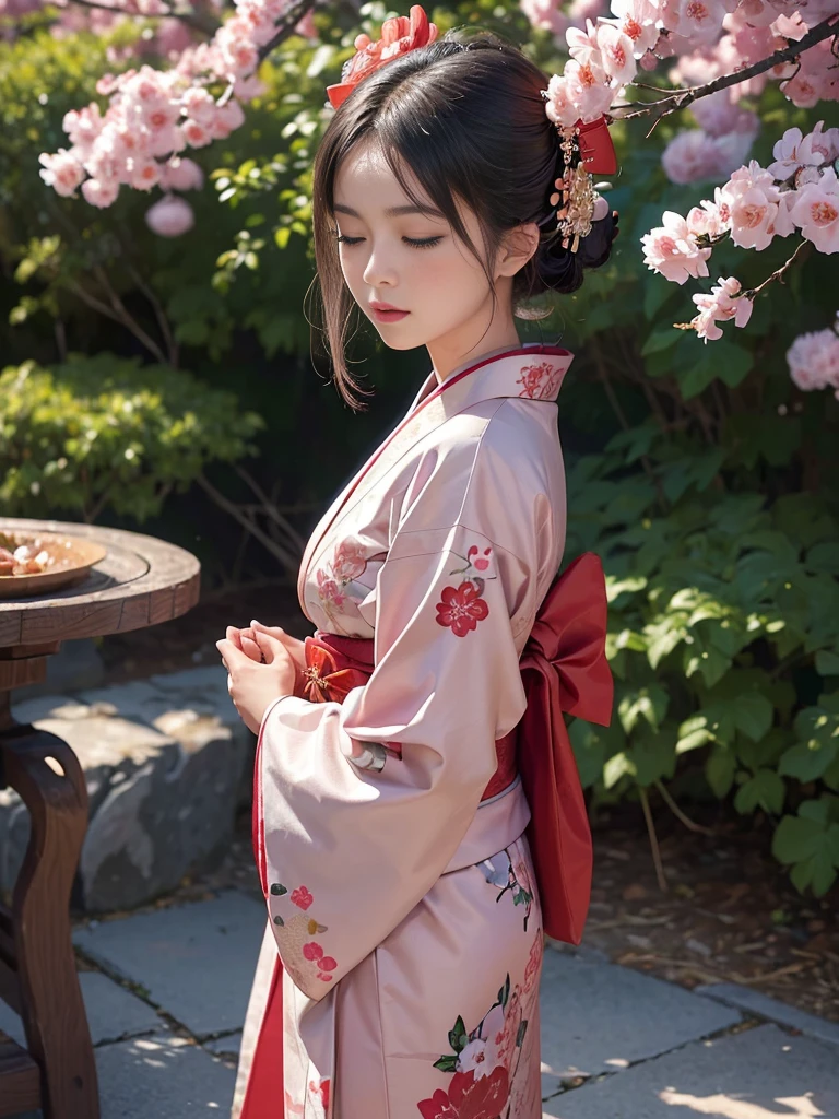 (New Year's scenery of Japan), (SFW), 8K, ((masutepiece)),(((top-quality))),((Ultra-detailed)),((((Realistic)))), Photorealsitic:1.37, (A hyper-realistic), (illustratio), (hight resolution), (ighly detailed), (The best illustrations), (Ultra-detailed細), (walls), (Detailed face), (Beautiful expression), ((More top-quality skins:1.2)), ((Reddish blush)), (Ultra-detailed background, Detailed background), (Beautiful and aesthetic: 1.2), Extremely detailed, 1 Women, 独奏, Captivate the audience with gorgeous costumes,The upper part of the body,White hair, Woman in Kimono:1.5, ((Eyes closed)), ((put your palms together in front of your face)), A woman wearing a kimono and standing bare skin, (kimono with embroidery), ((Cute kimono)), ((girl'hair rolled up with hairpins)), Kadomatsu City, Komainu, Red tori gates, large company, Customers praying, gorgeous new year decorations, large company decorated with gold leaf, At the shrine shining in the morning sun,