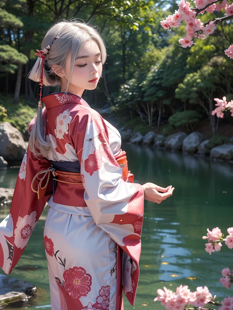 (New Year's scenery of Japan), (SFW), 8K, ((masutepiece)),(((top-quality))),((Ultra-detailed)),((((Realistic)))), Photorealsitic:1.37, (A hyper-realistic), (illustratio), (hight resolution), (ighly detailed), (The best illustrations), (Ultra-detailed細), (walls), (Detailed face), (Beautiful expression), ((More top-quality skins:1.2)), ((Reddish blush)), (Ultra-detailed background, Detailed background), (Beautiful and aesthetic: 1.2), Extremely detailed, 1 Women, 独奏, Captivate the audience with gorgeous costumes，The upper part of the body，White hair, Woman in Kimono:1.5, ((Eyes closed)), ((put your palms together in front of your face)), A woman wearing a kimono and standing bare skin, (kimono with embroidery), ((Cute kimono)), ((girl&#39;hair rolled up with hairpins)), Kadomatsu City, Komainu, Red tori gates, large company, Customers praying, gorgeous new year decorations, large company decorated with gold leaf, At the shrine shining in the morning sun,