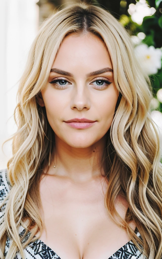 Blonde influencer with natural wavy long hair, Influencer, with big breasts, very special eyes, intense regard, who follows the latest trends in the German high society scene and offers exclusive insights into VIP events and celebrity parties, 8K, extremely detailed, photorealestic, Intricate detailing, realistic skin texture, realistic hair, Textur, Cheerful, 8K uhd, Best quality, high resolution, Attention to detail, big