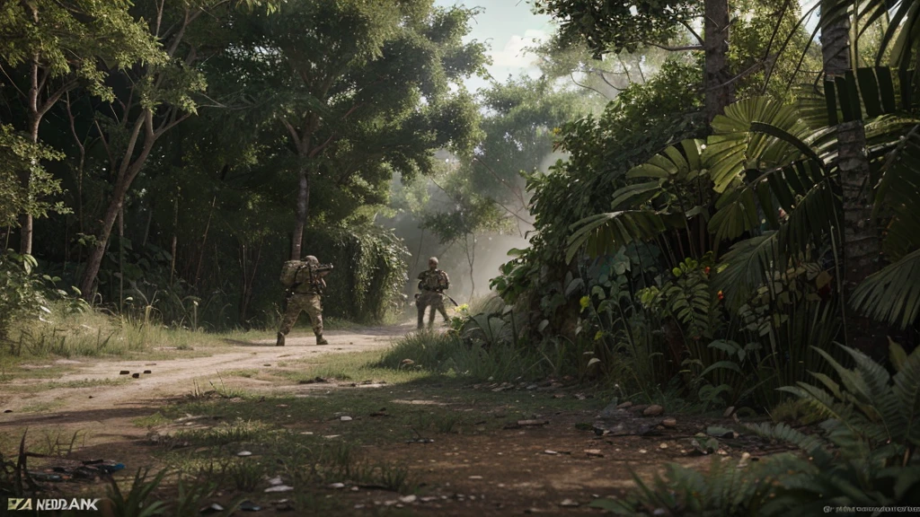 Create a photorealistic image of soldiers in camouflage uniforms in a dense jungle, from a first-person shooter perspective. The scene should be in 4K HDR quality, with detailed and high-resolution imagery. The soldiers should be holding guns, and include action elements like a firefight and muzzle flash. 8k