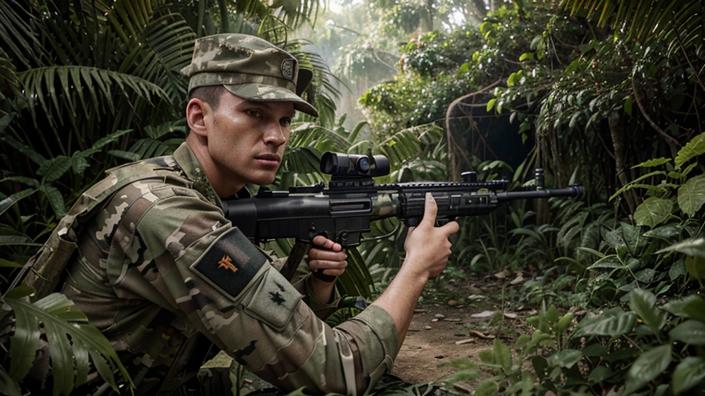 Create a photorealistic image of soldiers in camouflage uniforms in a dense jungle, from a first-person shooter perspective. The scene should be in 4K HDR quality, with detailed and high-resolution imagery. The soldiers should be holding guns, and include action elements like a firefight and muzzle flash. 8k