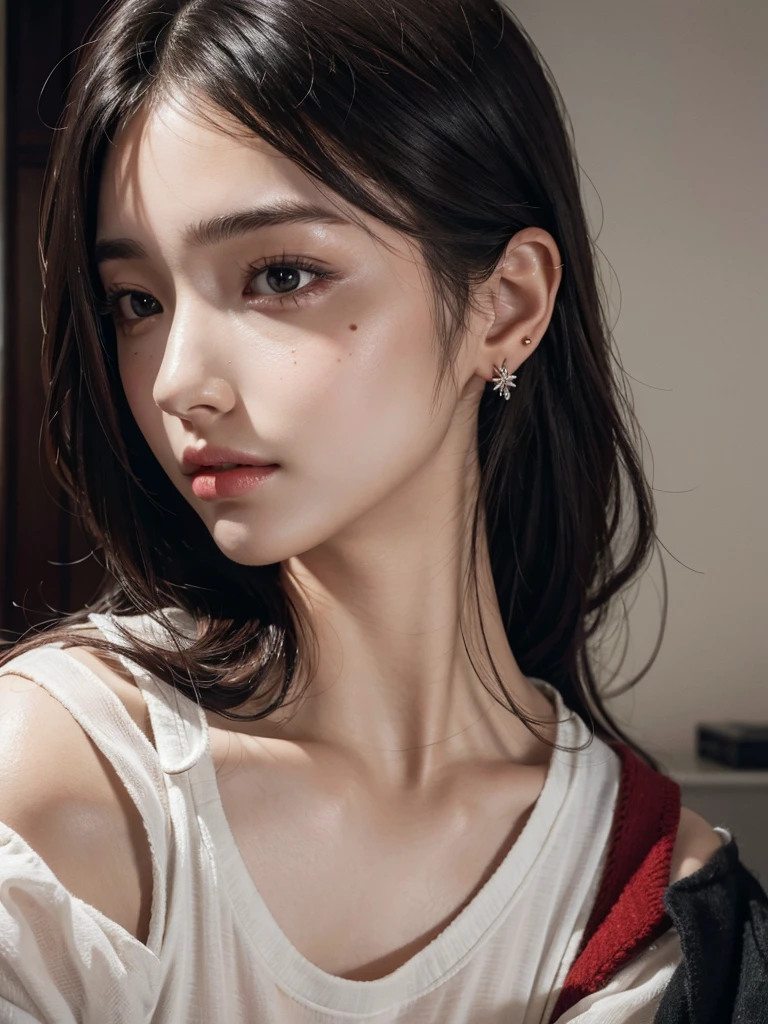 absurdres, RAW photo, extremely delicate and beautiful, masterpiece, Best Quality, ultra high resolution, 32k, hyperrealistic, ultra-detailed, perfect figure, Perfect Style, Perfect balance, in her 20s, very small head, very small face, delicate facial features, tearful mole, earring, (very huge breasts), bare legs, full body shot, medium hair, black hair, bare shoulder, shorts,